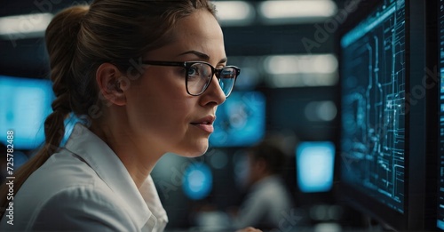 Snapshot in 4K featuring a woman with glasses coding for device network upkeep on a 50mm lens