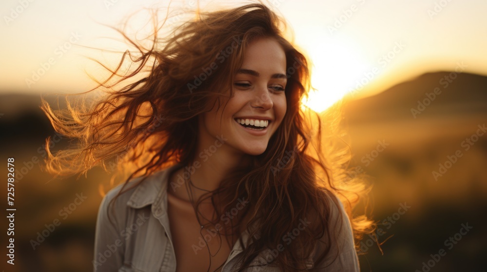 happy smiling woman smiling candid happy young woman at sunrise in field, in the style of golden age aesthetics