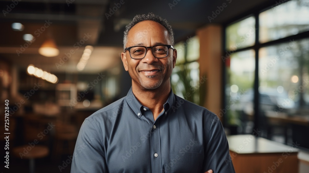 smiling african american man in glasses front of window in office, in the style of sustainable design