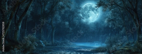 a full moon shining brightly amidst the dark woods, offering a captivating view of the fantasy forest panorama under the moonlit sky. © lililia