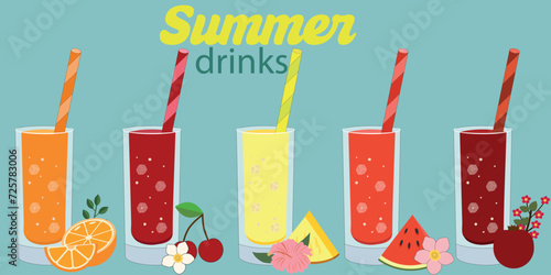 Set of summer drinks, cocktails with ice cubes and fruit. Beach or pool party, restaurant and bar elements. Bar menu design or advertising.