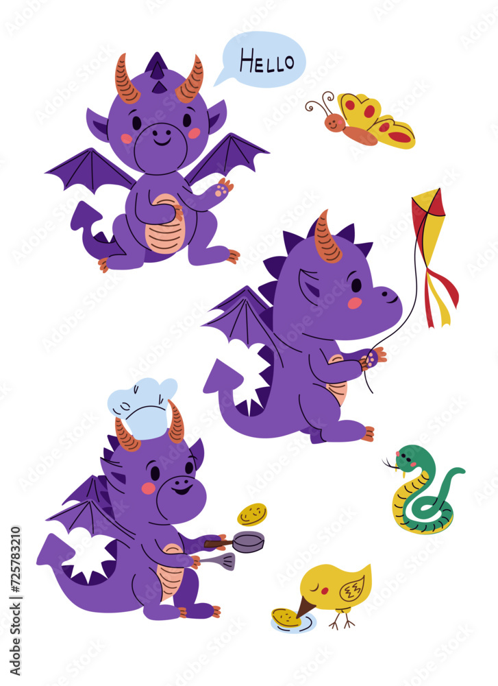 Obraz premium Cute hand drawn flat dragon teens sticker set