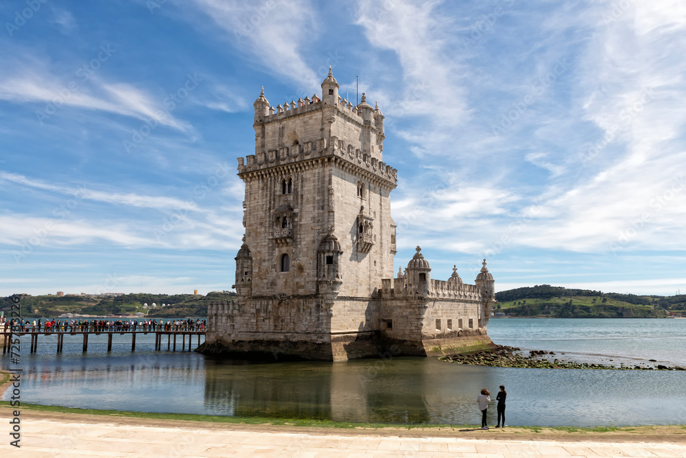 Torre de Belem, Belem Tower or Tower of Saint Vincent, with people queuing to visit it on the left