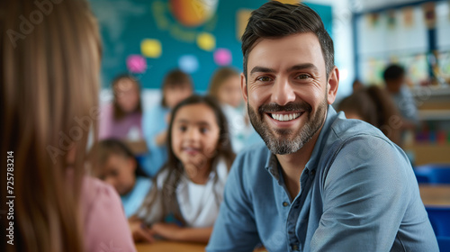 Portrait of smiling male teacher in a class at elementary school looking at camera with learning students on background © Muhammad