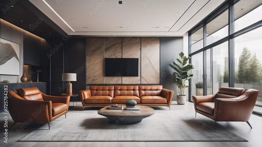 Luxury interior design of modern living room with leather sofa and armchair Luxury interior design of modern living room with leather sofa and armchair