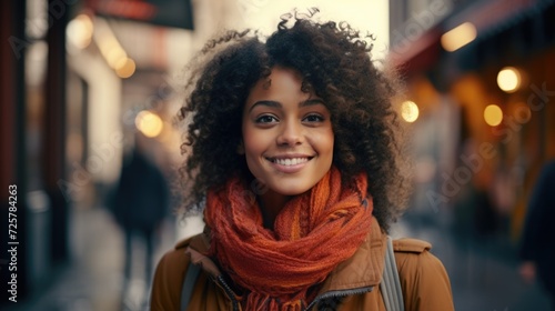 woman smiling in street, in the style of vibrant colorism