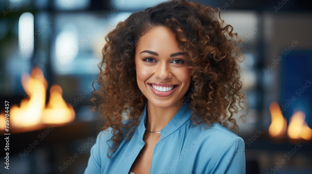 young smart african american business woman in an office, in the style of light blue and indigo young smart african american business woman in an office, in the style of light blue and indigo