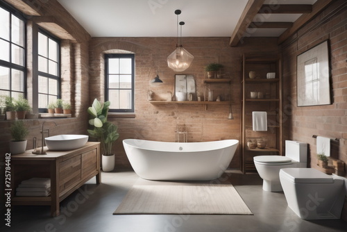 Loft interior design of modern bathroom with rustic furniture