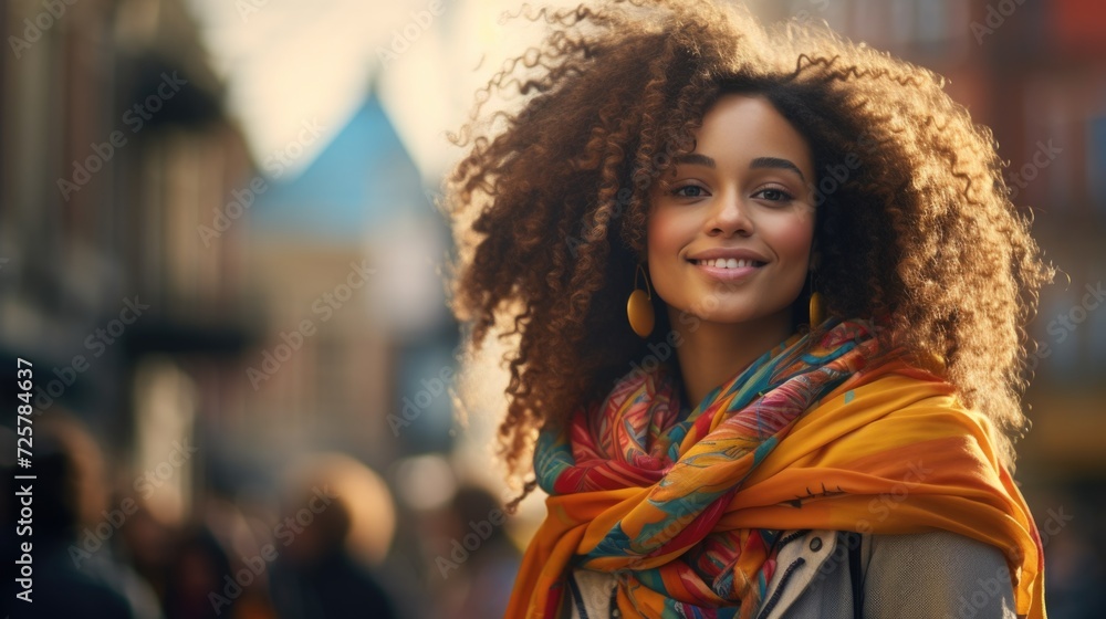 young woman smiling in front of an apartment building, in the style of afrofuturism, bokeh young woman smiling in front of an apartment building, in the style of afrofuturism, bokeh