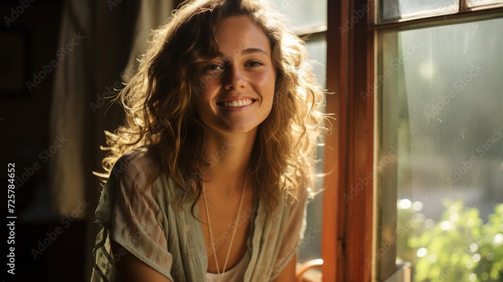 young woman smiling sitting by her window, in the style of expressive facial features, lively and energetic young woman smiling sitting by her window, in the style of expressive facial features, lively and energetic