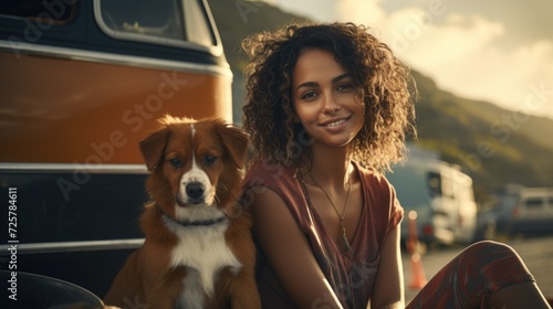 a photo of a woman camping outdoors with her dog, in the style of auto body works, light crimson and amber