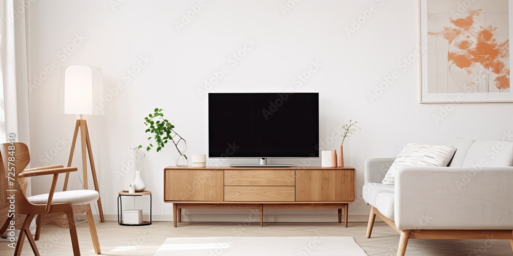 Scandinavian-themed living room with a wooden TV cabinet