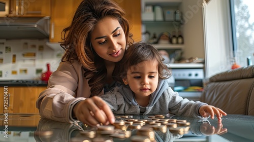 a happy child and young mother saving money together, as they deposit cash into a ceramic piggy bank, showcasing the importance of teaching financial responsibility from a young age. photo