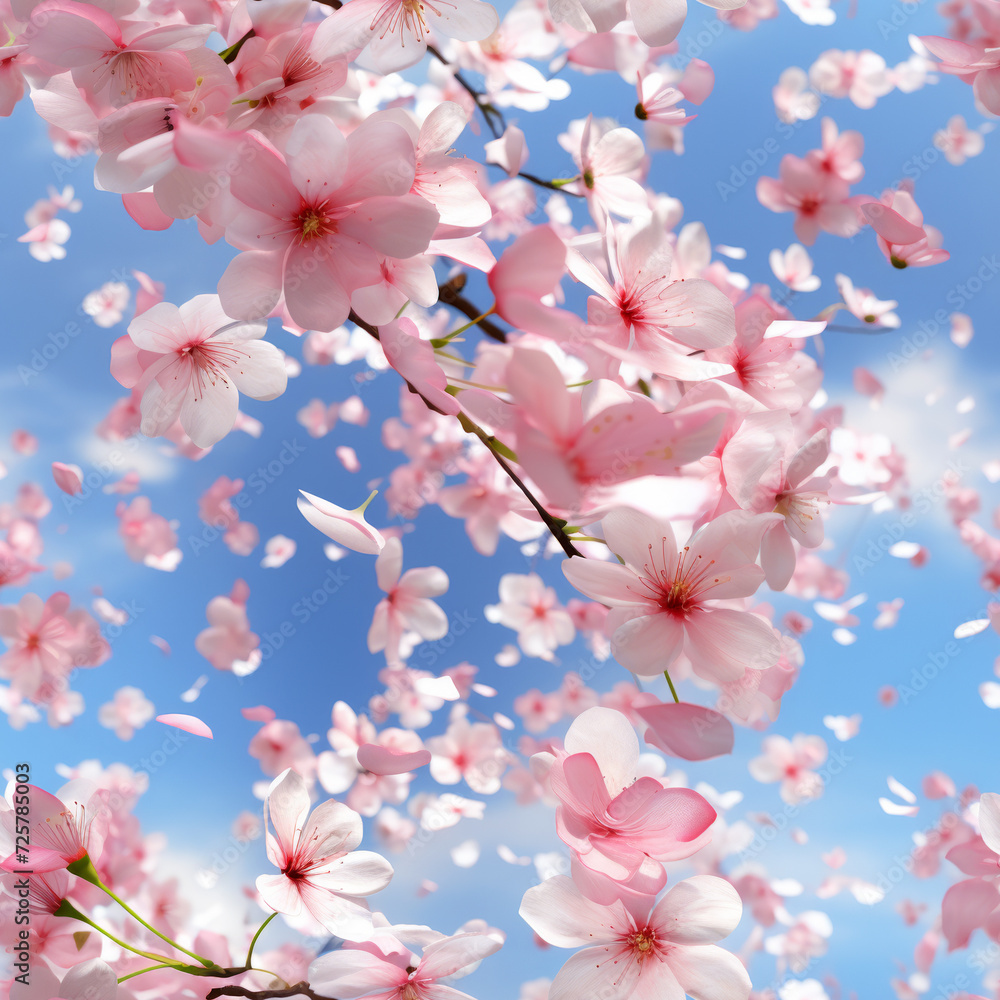 Hyper Realistic Cherry Blossoms Falling and Blooming on Sky Backdrop Seamless Pattern