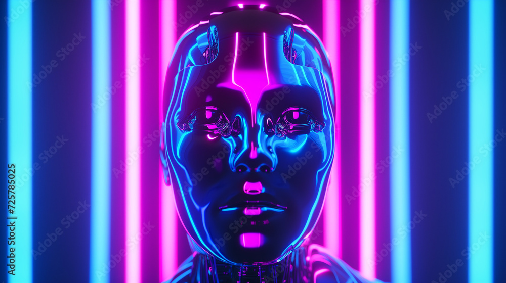 Robot or Artificial Human made of iridescent plastic material in neon lights