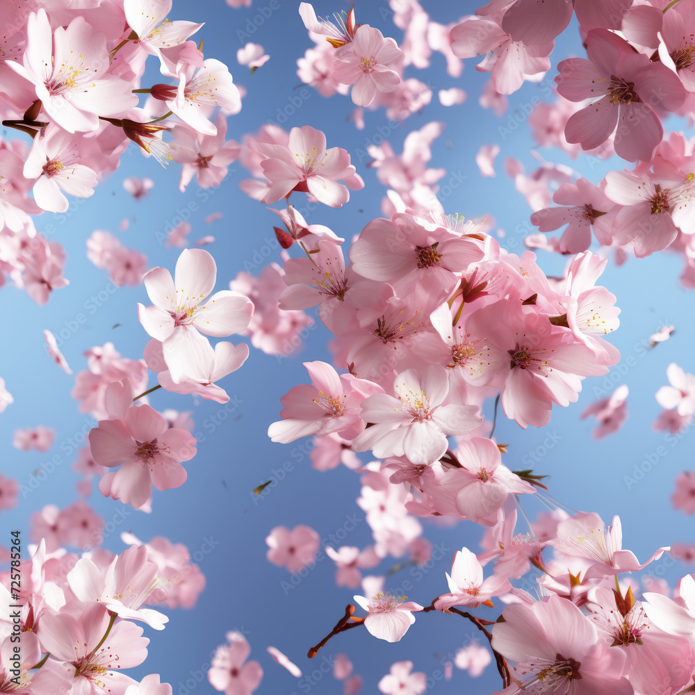 Hyper Realistic Cherry Blossoms Falling and Blooming on Sky Backdrop Seamless Pattern Hyper Realistic Cherry Blossoms Falling and Blooming on Sky Backdrop Seamless Pattern
