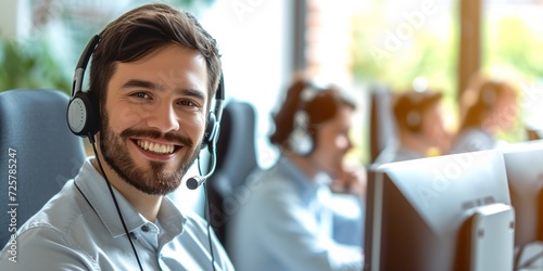 Portrait of call center worker accompanied by his team. Smiling customer support operator at work, kind helpful young man working at customer service center, copy space. photo