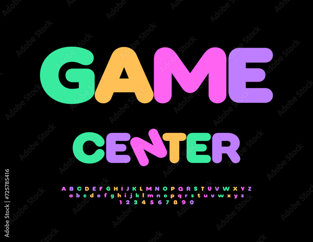 Vector playful Emblem Game Center. Funny Colorful Font. Bright Children  Alphabet Letters and Numbers set.