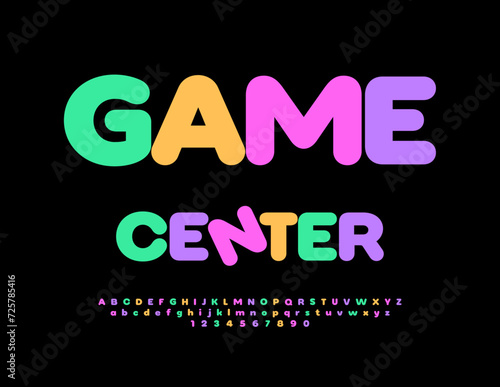 Vector playful Emblem Game Center. Funny Colorful Font. Bright Children Alphabet Letters and Numbers set.