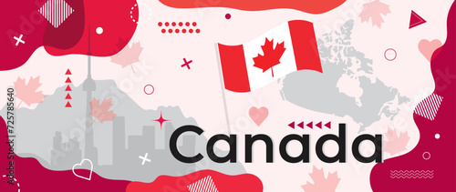 Canada Day banner with Canadian flag and silhouettes of country map and CN Tower of Toronto. Abstract geometric holiday design with minimalist red and white color shapes and memphis style elements