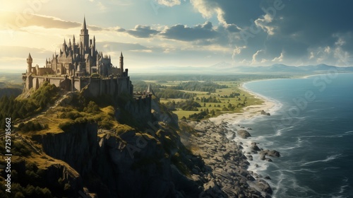 Panoramic scenes from cliffside castles, providing breathtaking views of expansive landscapes and distant horizons photo