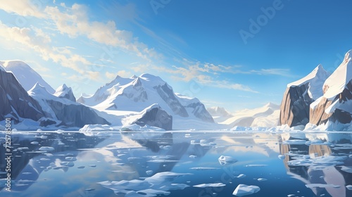  Panoramic scenes of sunlit icebergs in Antarctic waters, highlighting the pristine beauty of polar environments illuminated by the bright Antarctic sun