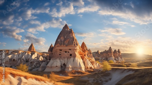 Panoramic scenes of sunlit rock formations in the Cappadocia sky, featuring unique geological structures illuminated by the warmth of daylight