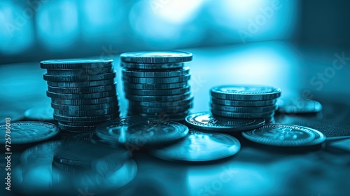 a stack of money coins on an office desk, filtered with a blue hue to convey a sense of professionalism and tranquility, the intersection of business and finance in a corporate setting.