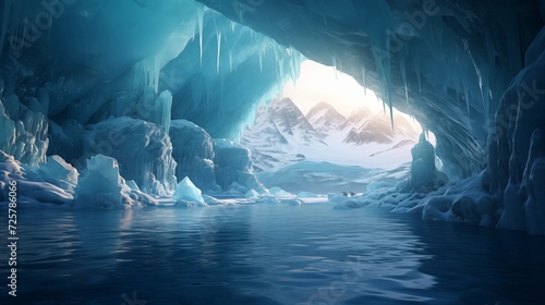 Panoramic scenes of sunlit ice caves within a glacier, showcasing the ethereal beauty of the frozen landscape illuminated by the brightness of daylight