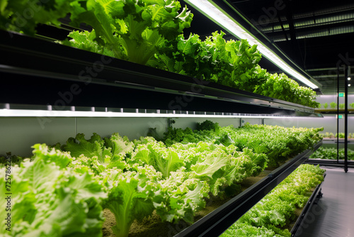 A vertical farm with layers of leafy greens under LED lights, showing alternative farming techniques in urban environments