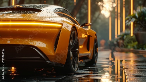 A futuristic yellow sports car in a wet urban.
 photo