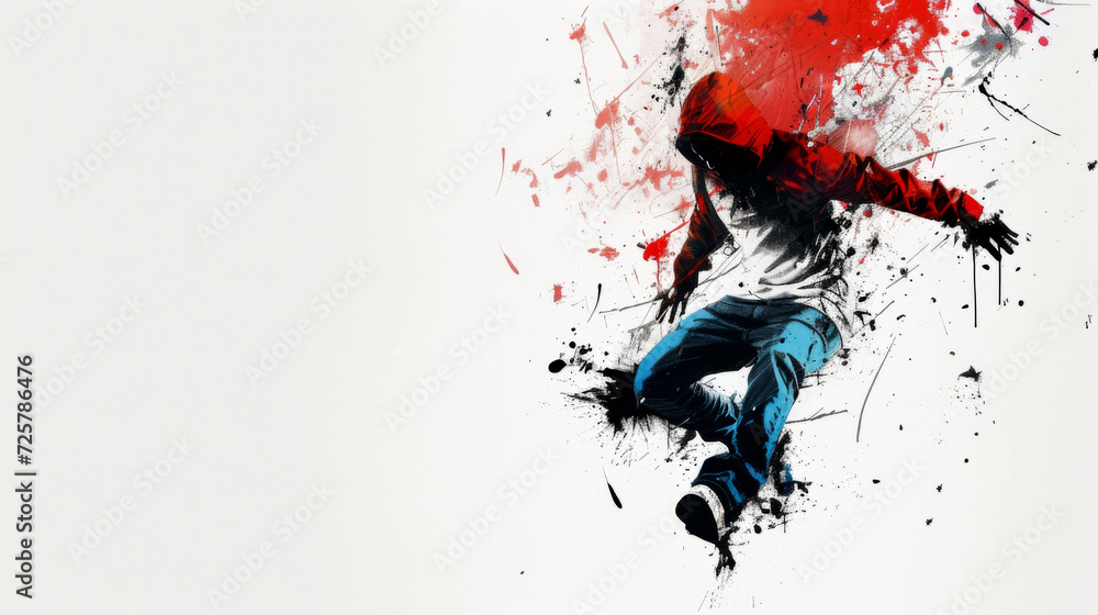 A graffiti figure in motion against a white background. Artistic expression, and youthful energy in a minimalistic yet powerful setting. Copy space