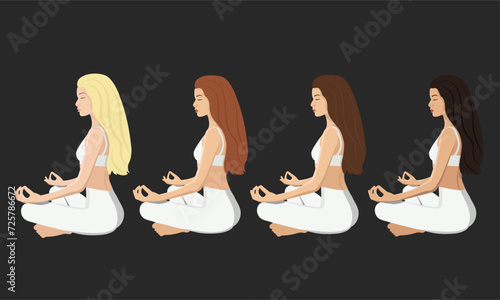 A silhouetted young girl in white clothes meditates. Blonde, brunette, redhead and brown-haired character in Faceless style. Vector illustration.
