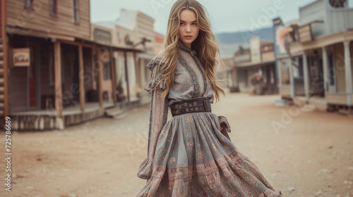 Woman of the Wild West wearing a dress in a western cowboy town Portrait of cowgirl historical desert scene