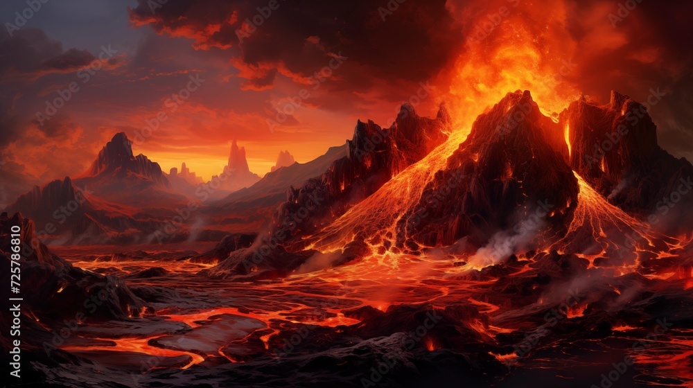 Panoramic vistas of fiery lava flows from a volcano, showcasing the raw power and intensity of Earth's volcanic landscapes
