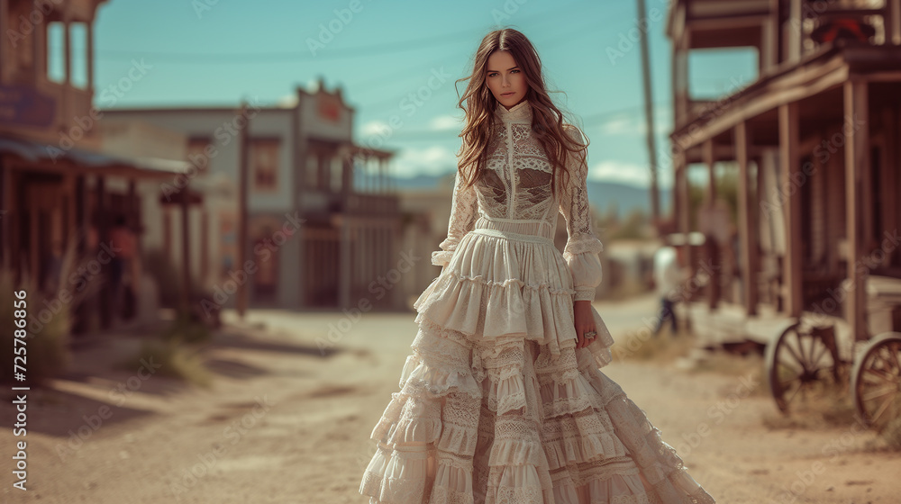 Woman of the Wild West wearing a dress in a western cowboy town Portrait of cowgirl historical desert scene