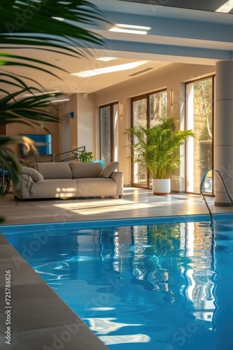 A spacious indoor swimming pool with comfortable seating options. Ideal for relaxation or socializing.