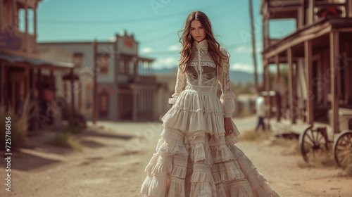 Woman of the Wild West wearing a dress in a western cowboy town Portrait of cowgirl historical desert scene