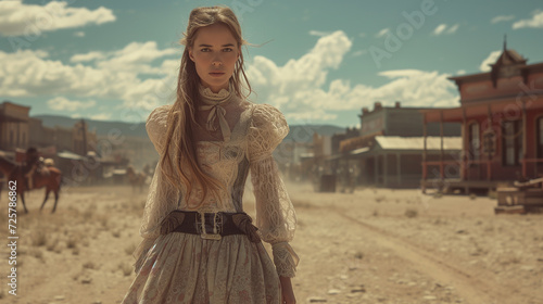 Woman of the Wild West wearing a dress in a western cowboy town Portrait of cowgirl historical desert scene photo