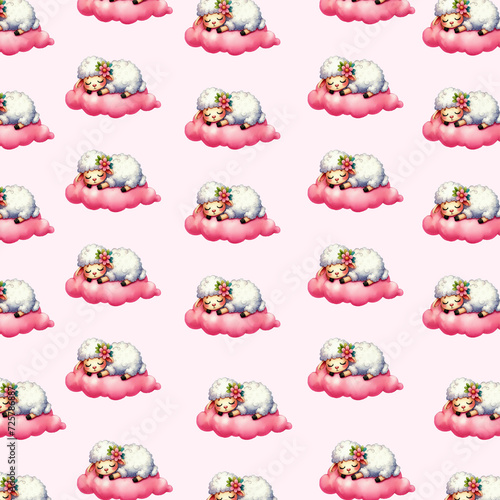 Seamless pattern with cute cartoon with a sheep on a cloud