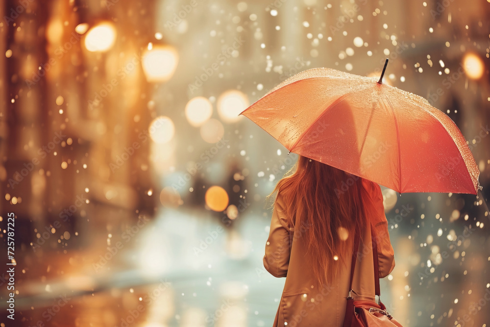 Young woman, girl under an umbrella on a city street in rainy weather