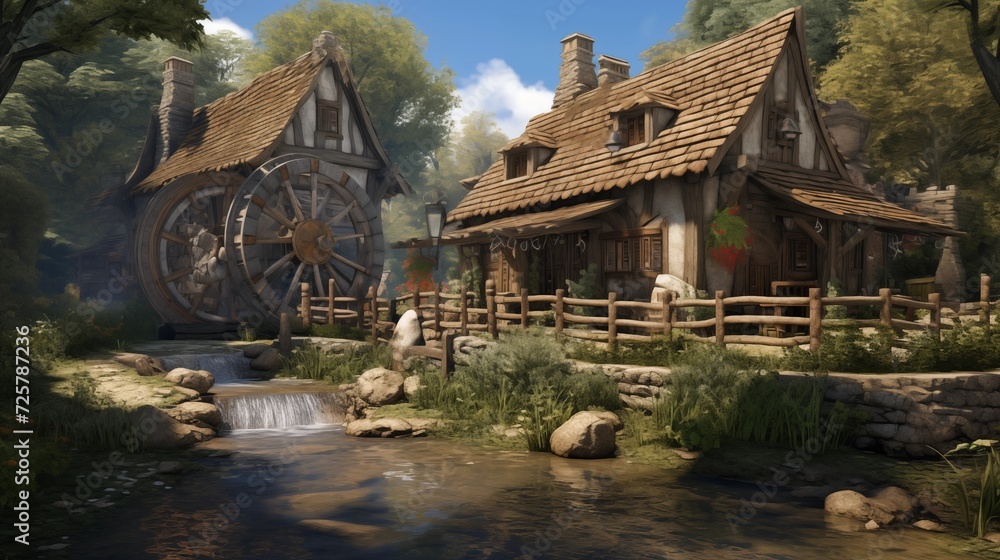 Picturesque scenes of a charming watermill nestled in a tranquil countryside setting, surrounded by natural beauty Picturesque scenes of a charming watermill nestled in a tranquil countryside setting, surrounded by natural beauty