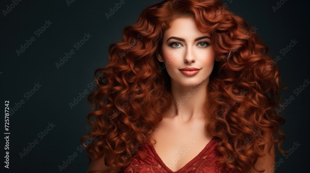 Fototapeta premium Beauty redhead girl with long and shiny wavy red hair. Beautiful woman model with curly hairstyle .
