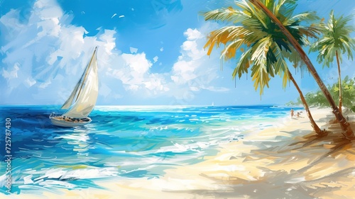 Picturesque tropical landscape with sailboat in the sea and palm tree on the seashore in sunny weather in oil painting style