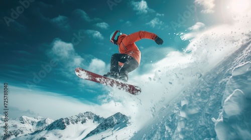 A man riding a snowboard down a snow covered slope. Perfect for winter sports enthusiasts or travel and adventure-themed projects