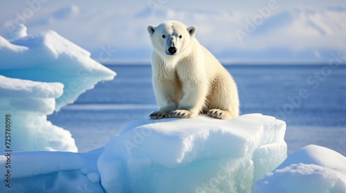A small white polar bear on a snow floe near the water in the Arctic. Winter, Wildlife and animal concepts.
