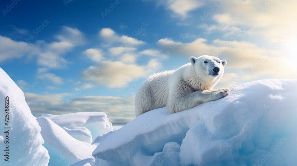 A beautiful white polar bear on a snow floe near the water in the Arctic against the background of the blue sky on a sunny day. Winter, Wildlife and animal concepts. A beautiful white polar bear on a snow floe near the water in the Arctic against the background of the blue sky on a sunny day. Winter, Wildlife and animal concepts.