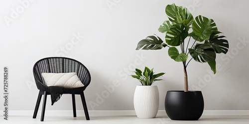Nordic-style interior with a white chair in a white room, a plant on a stool, and black & white pouffes. photo