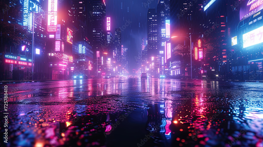 Rain-soaked city streets under the glow of neon lights, painting a mesmerizing cyberpunk aesthetic. The deserted cityscape, with towering skyscrapers, exudes a moody atmosphere.