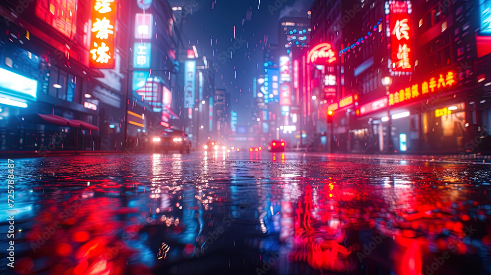 Rainy night in a cyberpunk city. Neon lights of various colors illuminate the scene, casting reflections on the wet ground, enhancing the atmospheric effect.